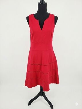 Sharagano Red Sleeveless Notch-Neck Fit & Flare Mini Dress with Decorative Trim